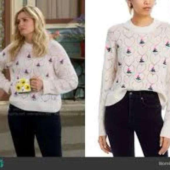 Aqua Cashmere Tulip Floral Embroidered Cashmere Sweater Cream/Pink Size Small - Picture 9 of 9